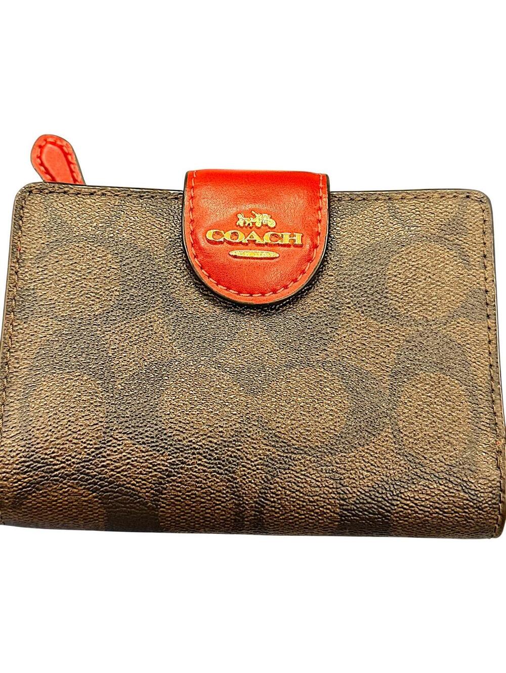 Coach Signature Medium Corner Zip Wallet Brown Canvas Red Leather Trim Gold Tone
